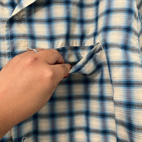 Prana Blue Beige Plaid Outdoor Mens Short Sleeve Snap Button Shirt Size XLarge - Picture 3 of 7